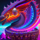 Person sitting in colorful swirling structure with ornate dragon under starry sky