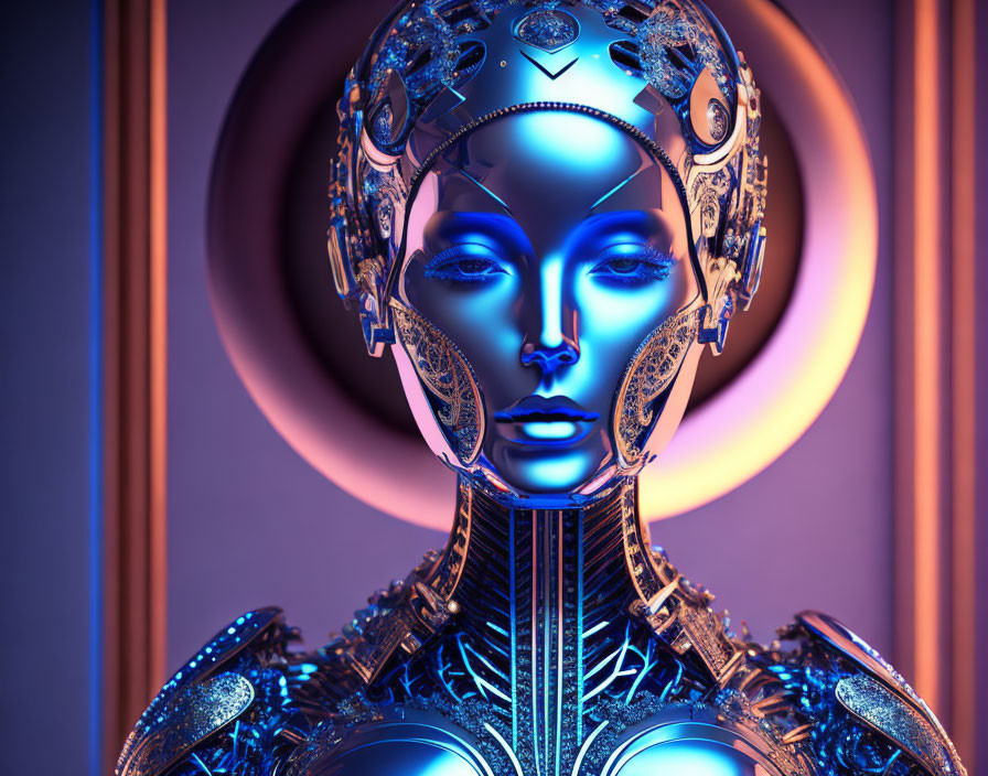 Futuristic female robot with intricate metallic designs