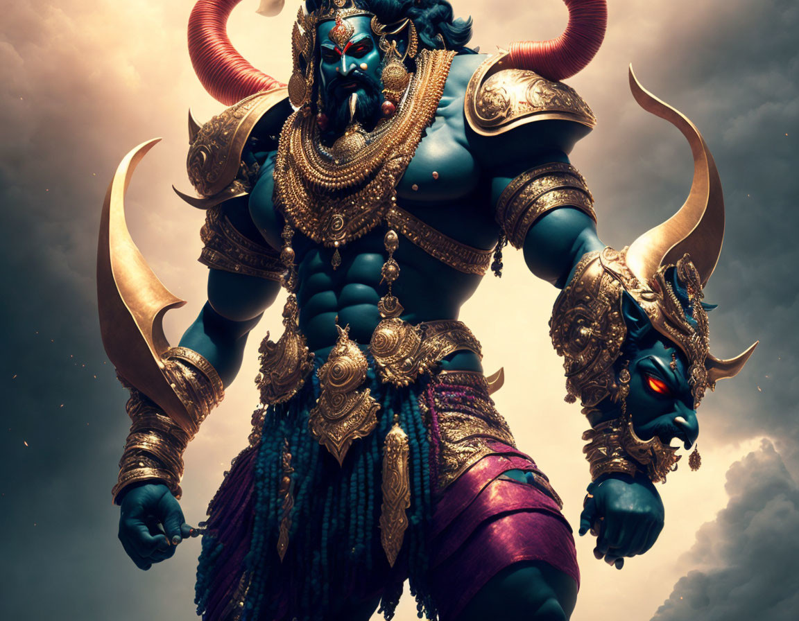 Blue-skinned figure in golden armor with multiple arms against stormy sky