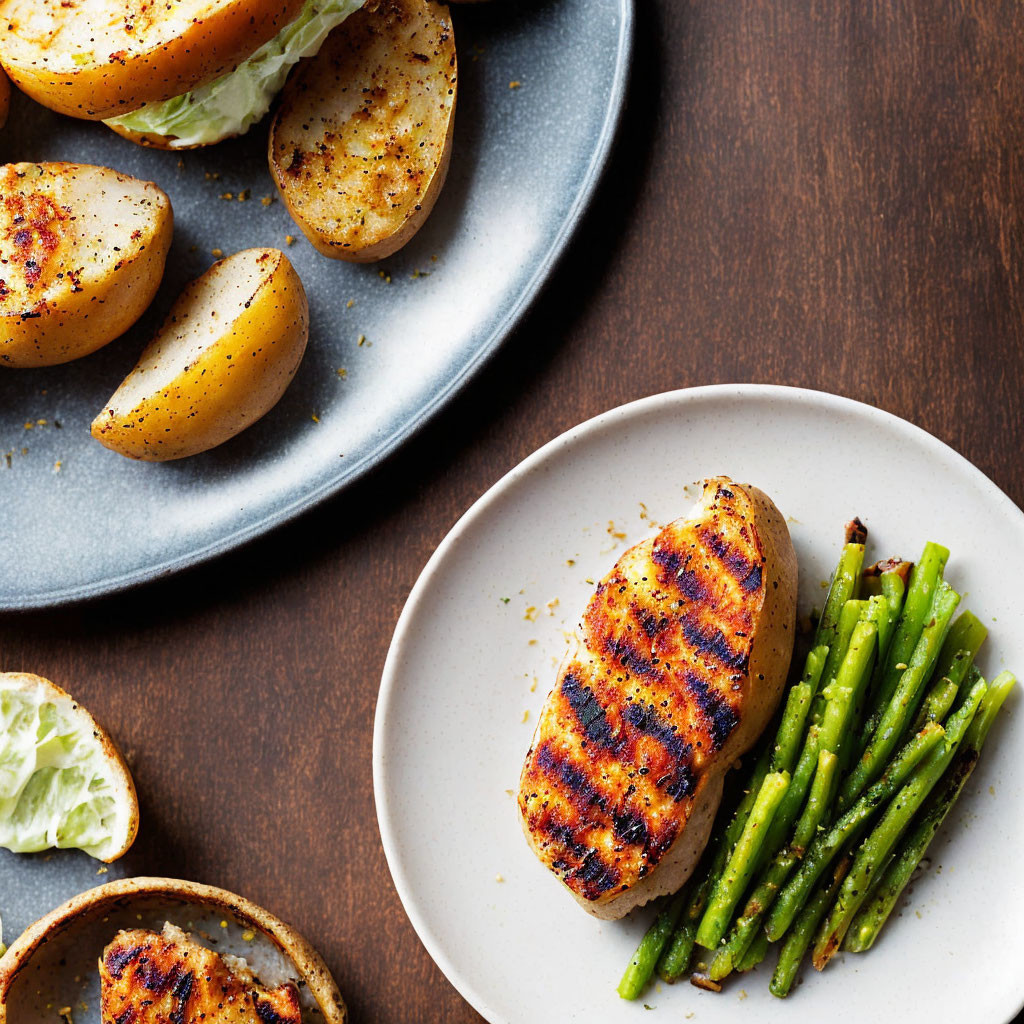 Savory grilled chicken breast with asparagus, potatoes, cream, and spices on wooden table