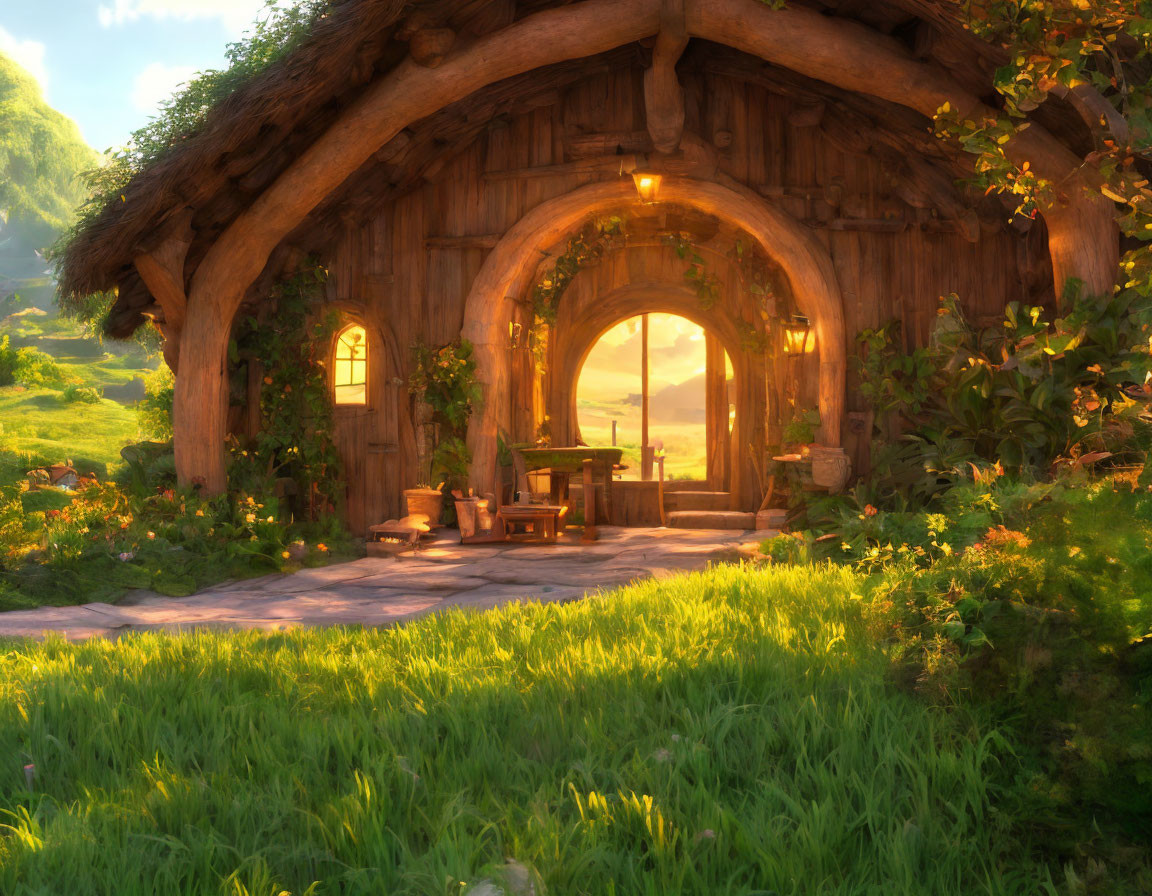 Round door hobbit-style house in lush greenery under warm sunlight.