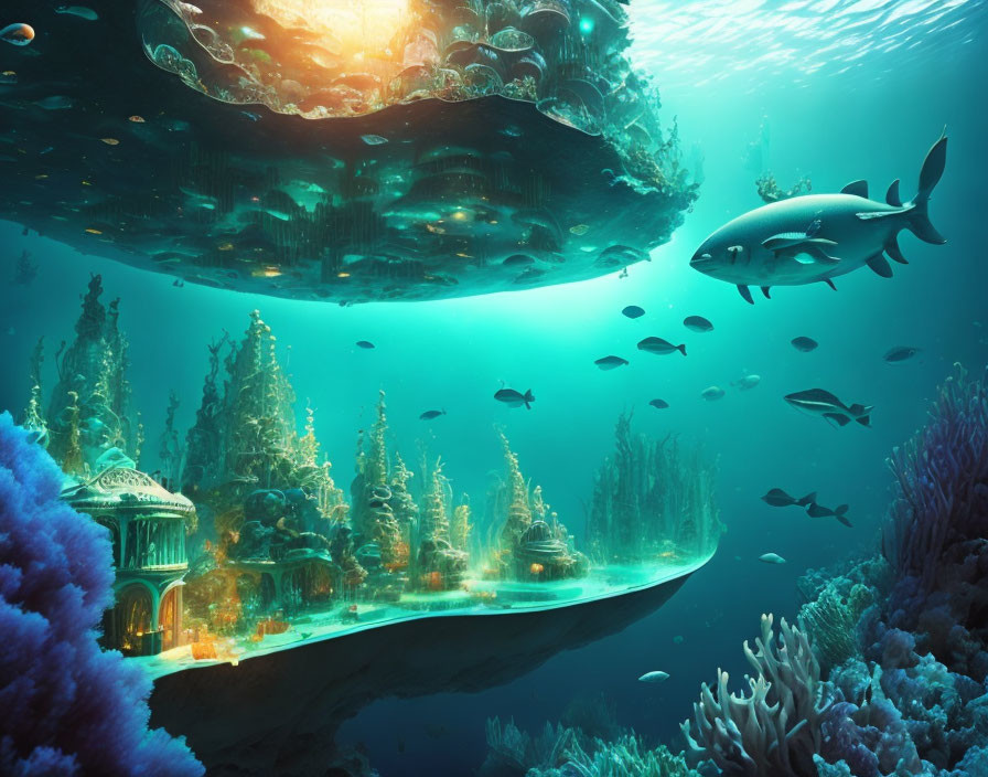 Fantasy floating island with coral reefs and fish in underwater view