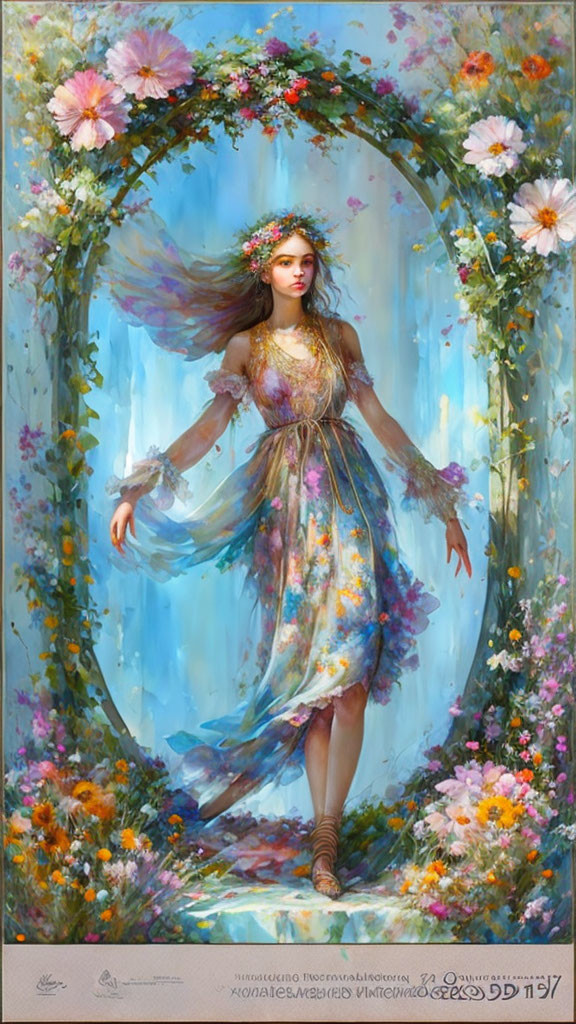 Whimsical painting of a woman in floral archway surrounded by vibrant flowers