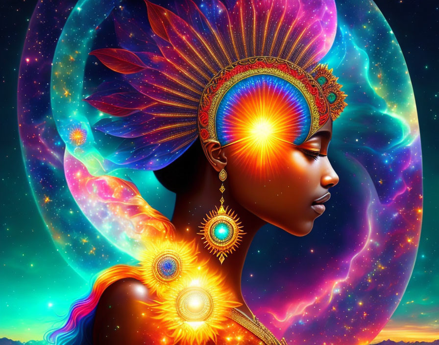 Colorful digital portrait of woman with intricate headdress against cosmic background