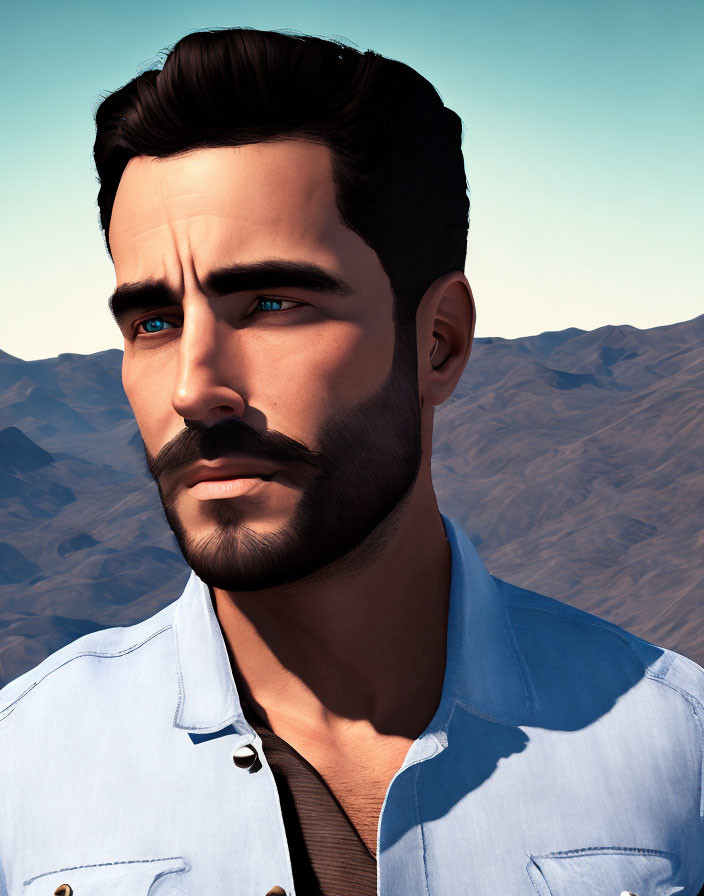 Man with Well-Groomed Beard in Denim Shirt Against Desert Backdrop