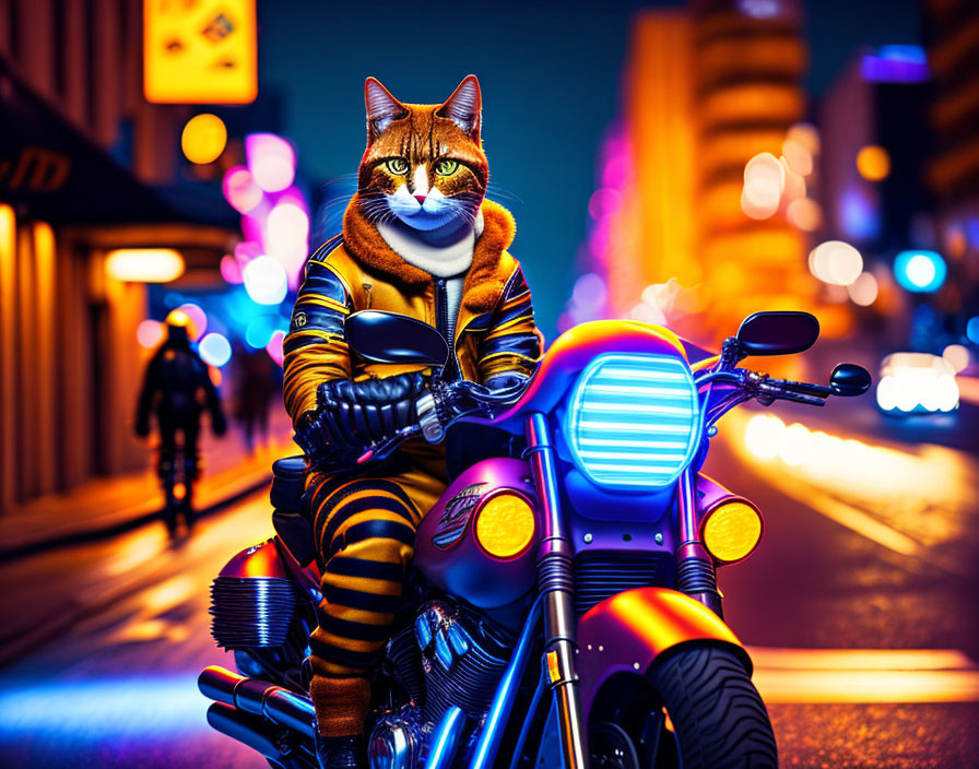 Cat with human-like features on motorcycle in neon-lit city street at night