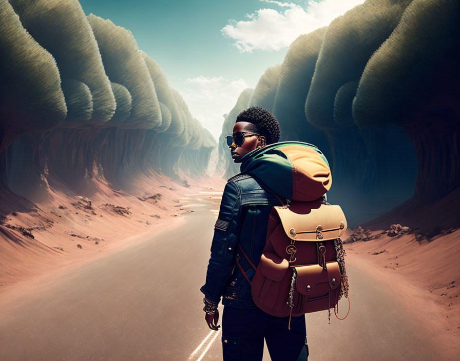 Person standing on road in surreal desert with massive tree-like structures