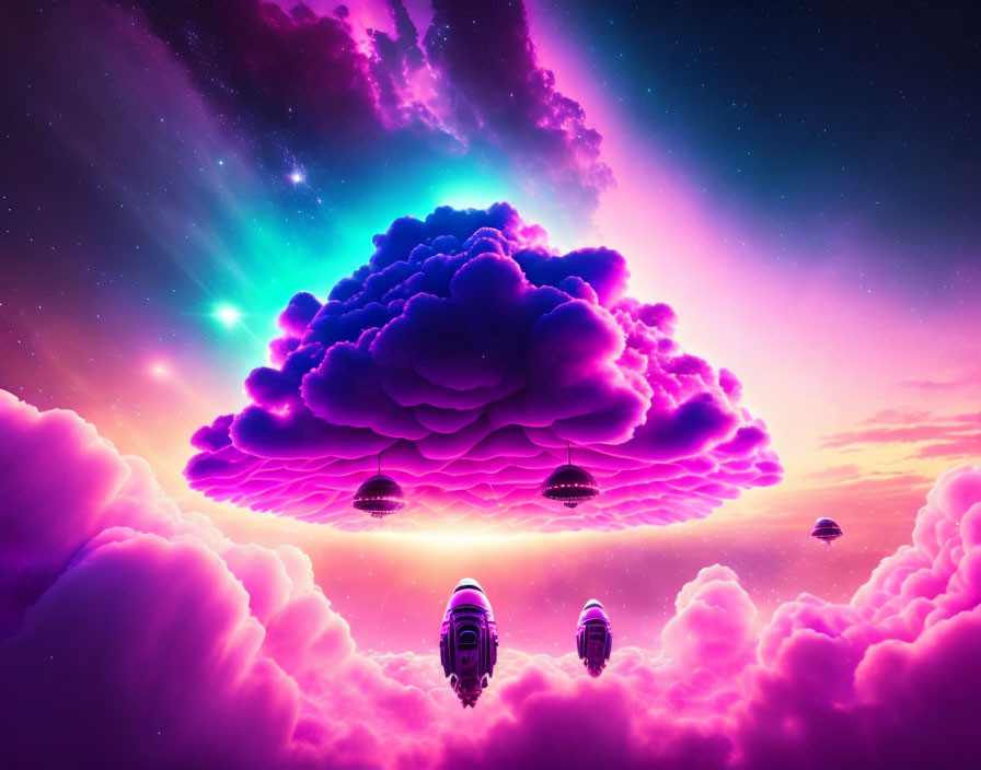 Surreal image: Spaceships descending from massive purple cloud