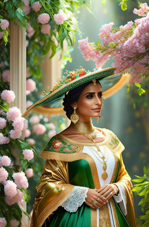 Traditional green and gold costume with wide-brimmed hat in lush greenery.