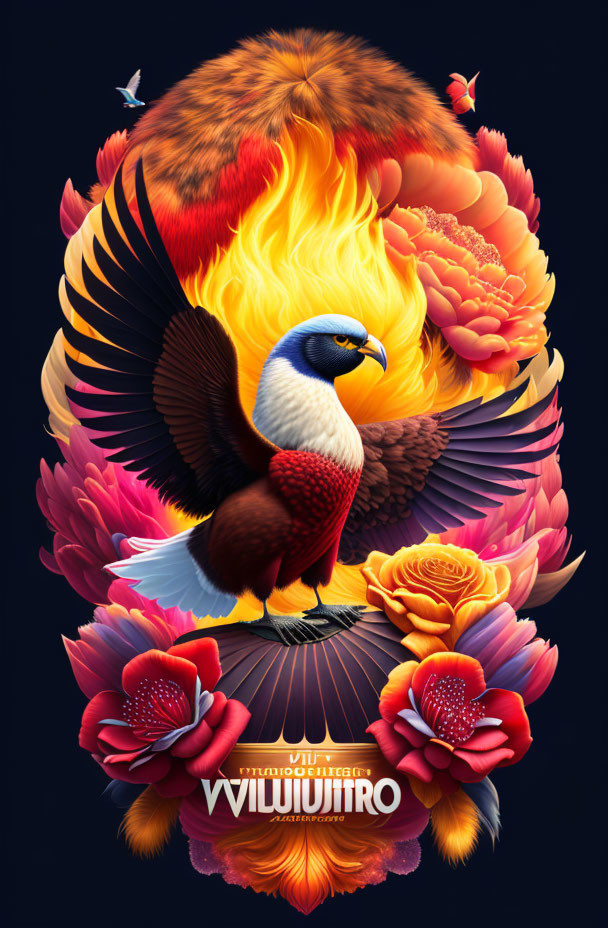 Vibrant digital artwork of bird with flame-like backdrop & flowers