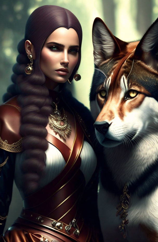 Digital artwork: Woman with braided hair and ornate jewelry next to a fox with piercing eyes