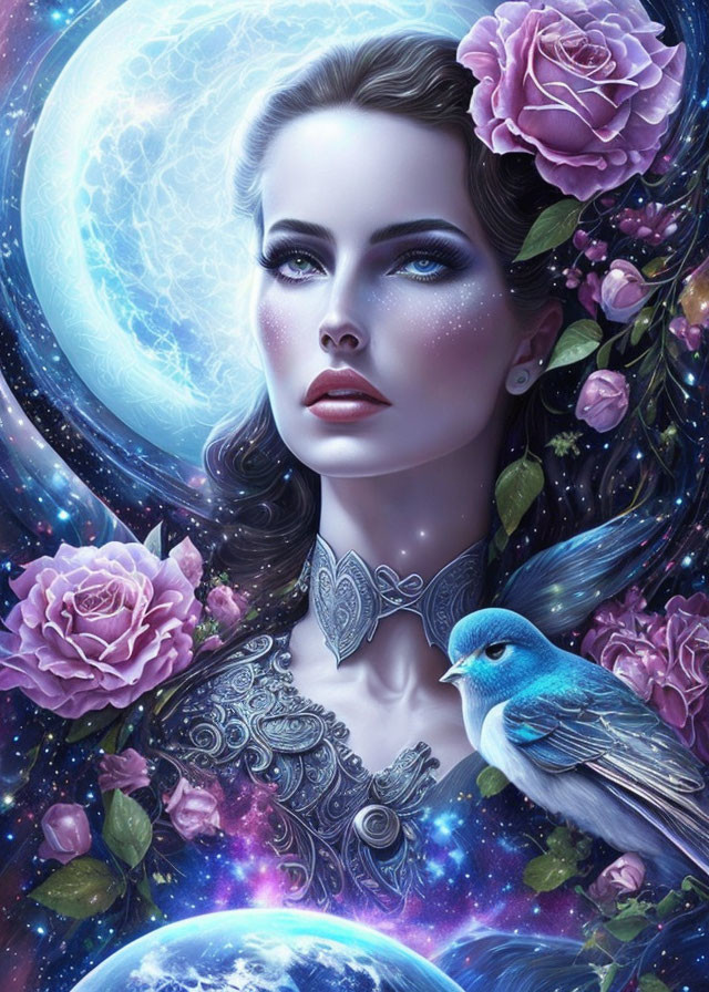 Fantastical cosmic woman surrounded by roses and blue bird in space-themed setting