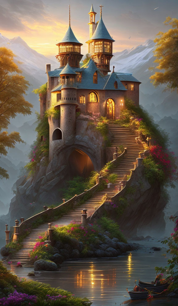 Enchanting castle on rocky hill with river view at dusk or dawn