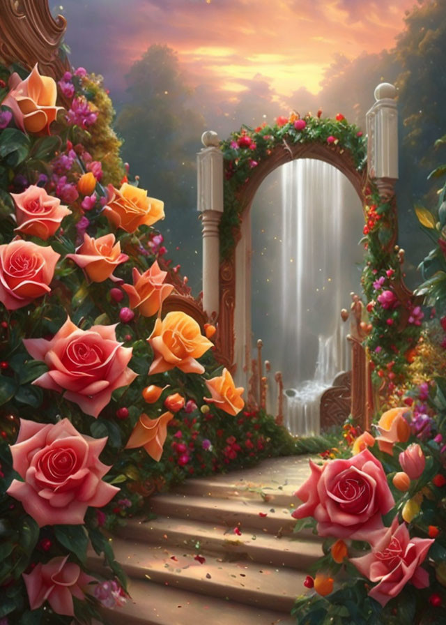 Enchanting garden archway with blooming roses and serene waterfall