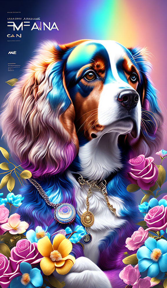 Colorful Dog Portrait Surrounded by Vibrant Flowers and Jewelry