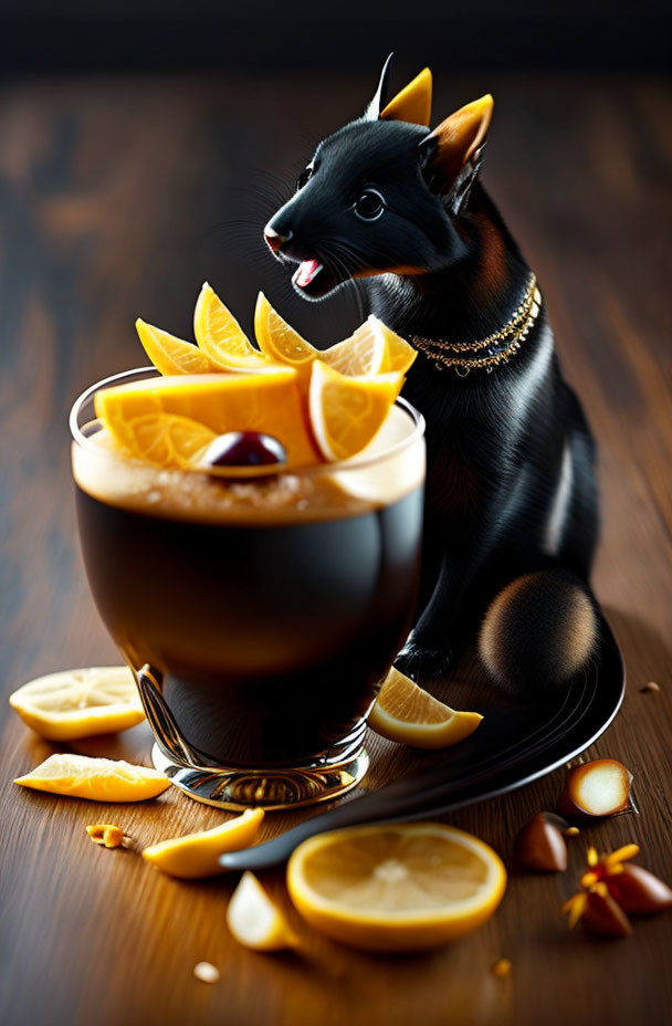 Black cat with collar near coffee and orange slices on wooden surface