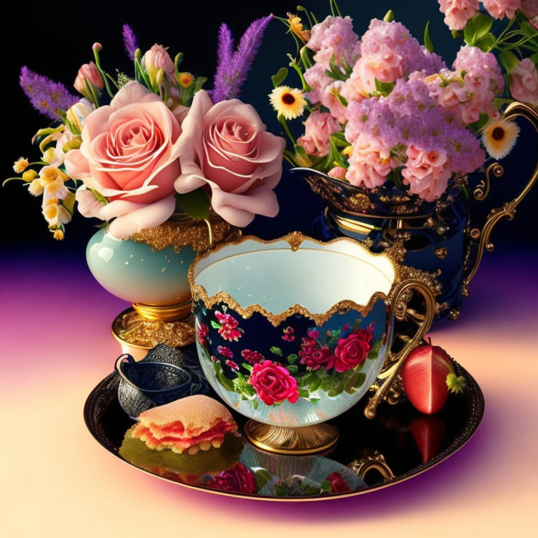 Floral Design Teacup with Cookie and Flower Arrangements