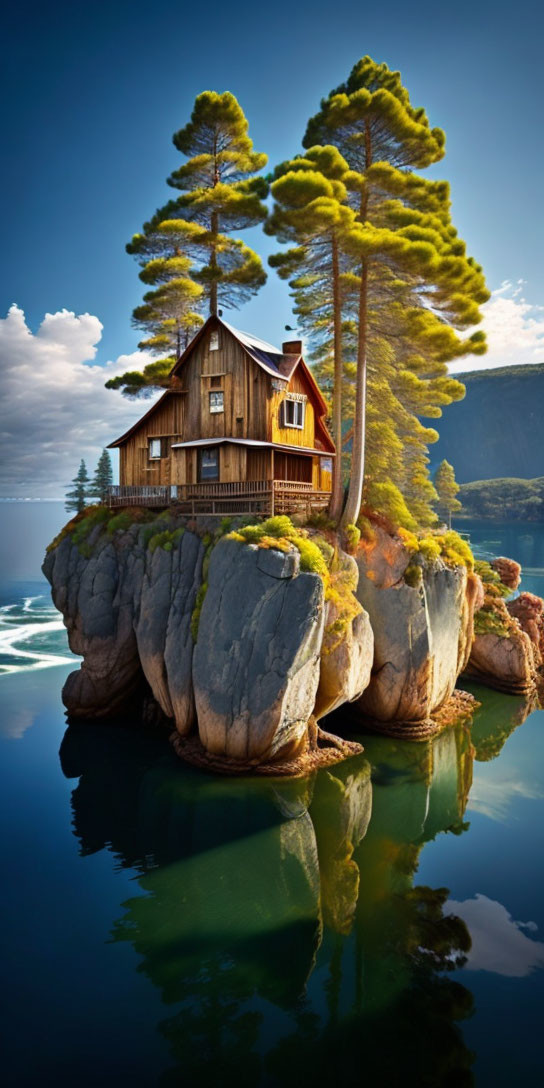 Wooden house on cliff with pine trees and serene waters.