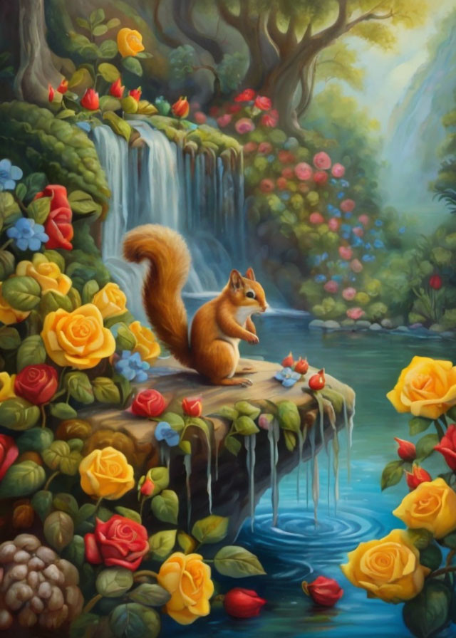 Colorful squirrel illustration in floral setting with waterfall