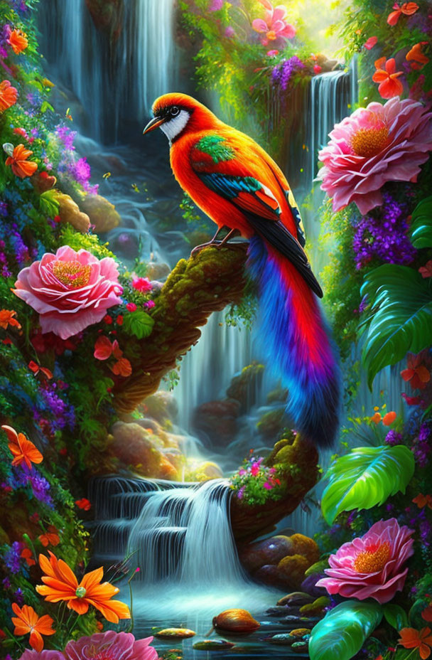 Colorful bird with long tail in lush forest setting