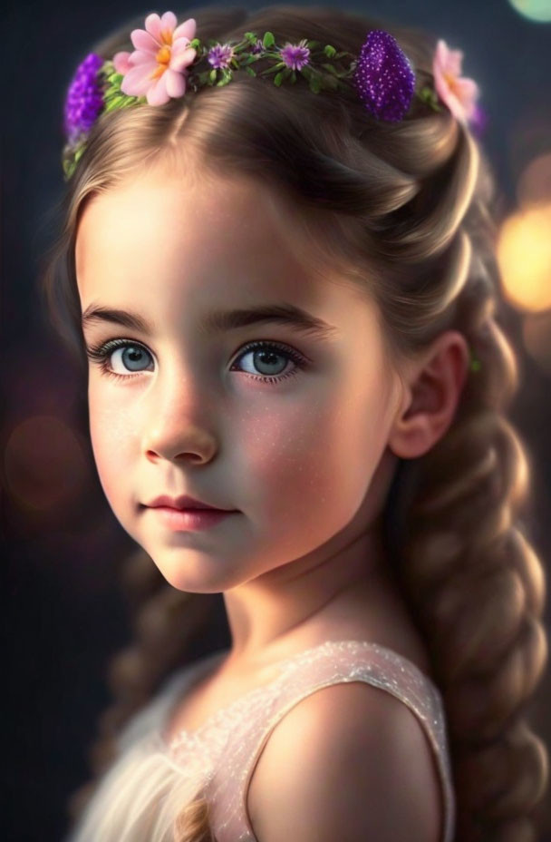 Young girl digital artwork: Blue-eyed, flower crown, curly brunette hair, soft-lit setting