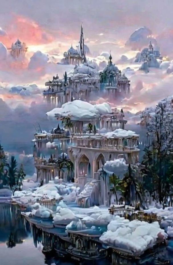 Twilight icy landscape with terraced palaces and snow-capped spires