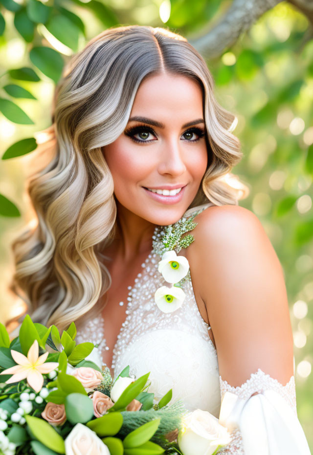 Smiling woman with wavy hair and bouquet on leafy background