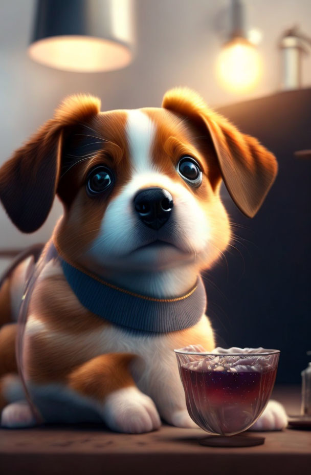 Adorable puppy digital illustration with expressive eyes next to food bowl