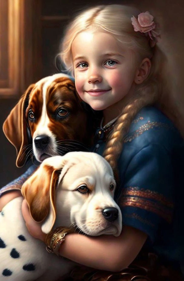 Smiling girl with braided hair hugs two puppies in blue outfit