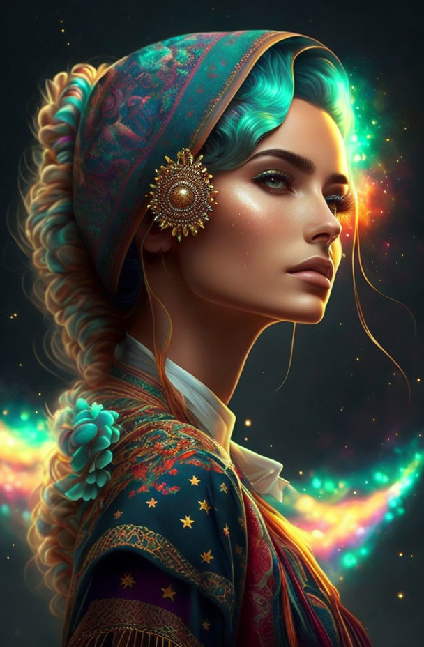 Digital artwork: Woman with blue hair in traditional attire, cosmic backdrop, vibrant elements