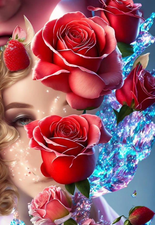 Digital artwork of woman with roses, strawberry, and water elements.