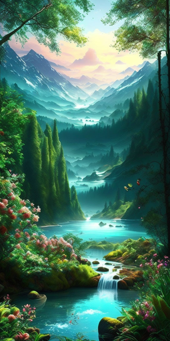 Tranquil landscape with waterfall, river, forests, mountains, and sunrise sky