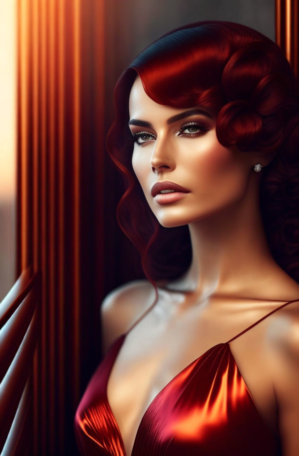 Portrait of woman with glossy red hair and satin dress in warm-lit room