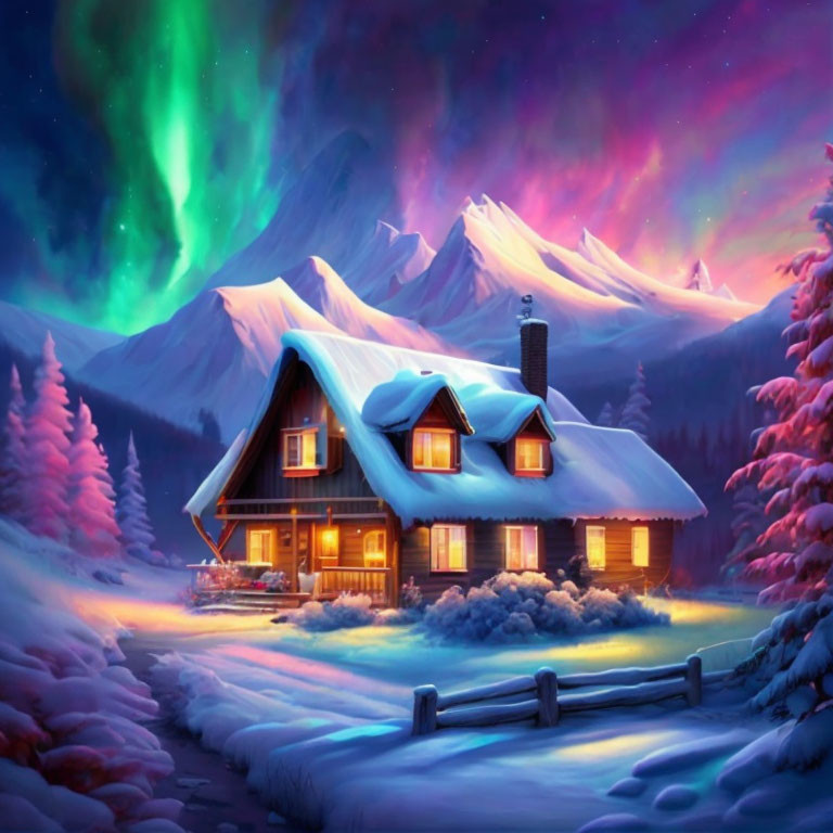 Snow-covered cabin under Northern Lights in wintry landscape