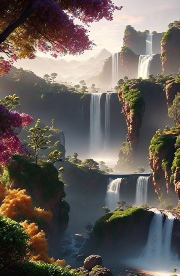 Serene landscape with lush greenery, cascading waterfalls, vibrant flora, and misty background