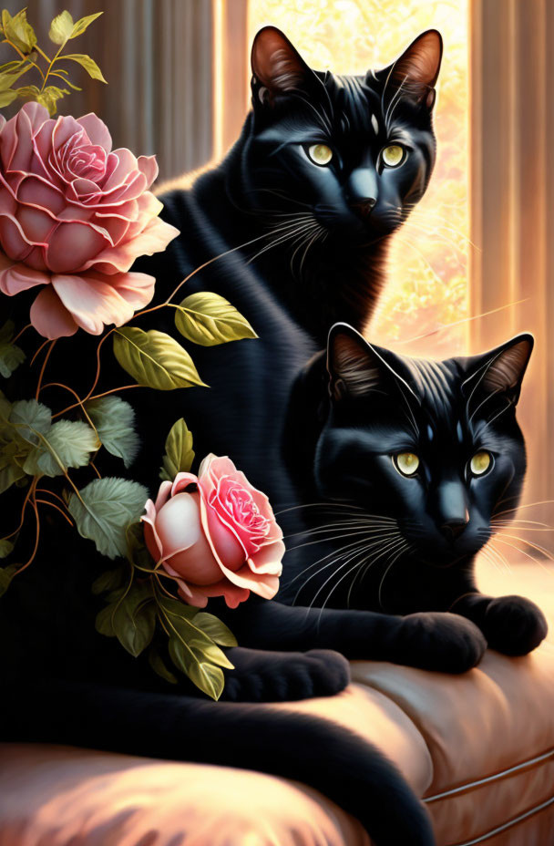 Black Cats with Yellow Eyes Near Rose Bush by Sunny Window