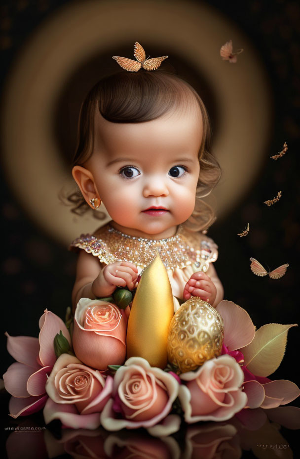 Toddler with big eyes in butterfly hairpin and gold jewelry surrounded by flowers and eggs.