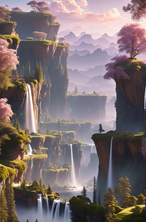 Majestic waterfalls in serene fantasy landscape