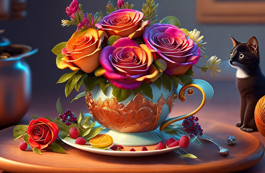 Multicolored rose bouquet in golden teacup with fruits, black cat nearby