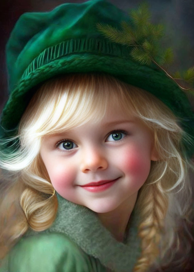 Young girl portrait with blue eyes, blonde hair, green hat, and pine background.