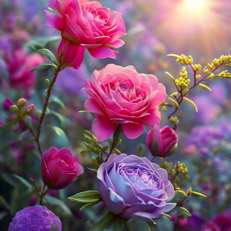 Colorful Sunrise Garden with Pink and Purple Roses