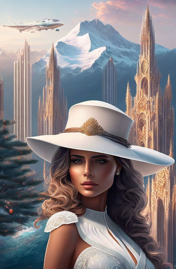 Stylized digital art: Woman in white hat, mountain, flying plane, futuristic buildings