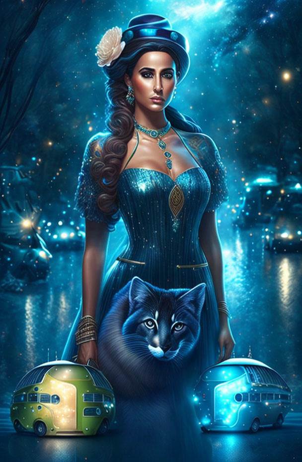 Victorian-style woman with cat near lit campervans under starry sky