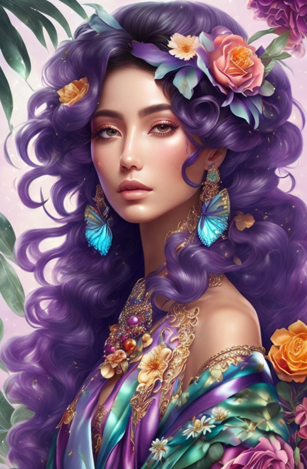 Colorful digital painting of a woman with purple hair and butterfly, floral earrings, and soft background.