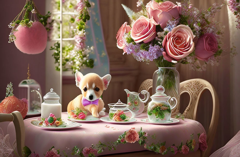 Adorable Corgi Puppy with Purple Bow Tie at Floral Tea Party