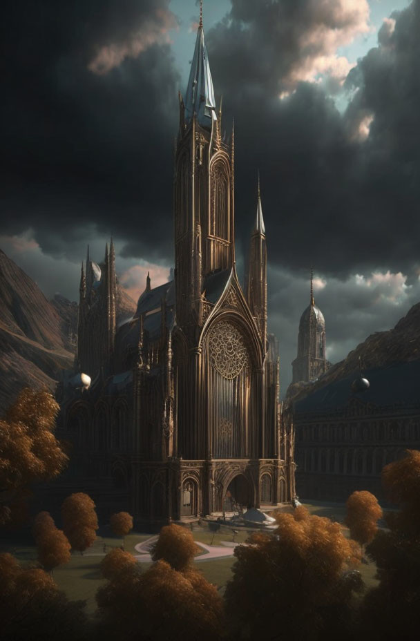 Gothic Cathedral with Spires, Golden Trees, and Classical Architecture