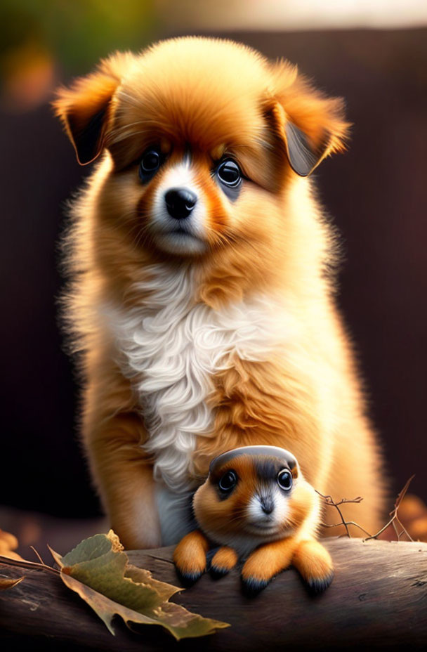 Brown and White Fluffy Puppy Guards Guinea Pig on Branch