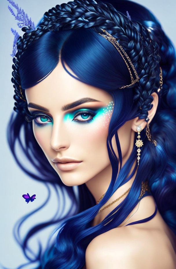 Blue-haired woman with braids and butterfly motifs on blue background