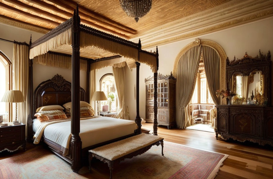 Luxurious Classic Bedroom with Four-Poster Bed & Ornate Furniture