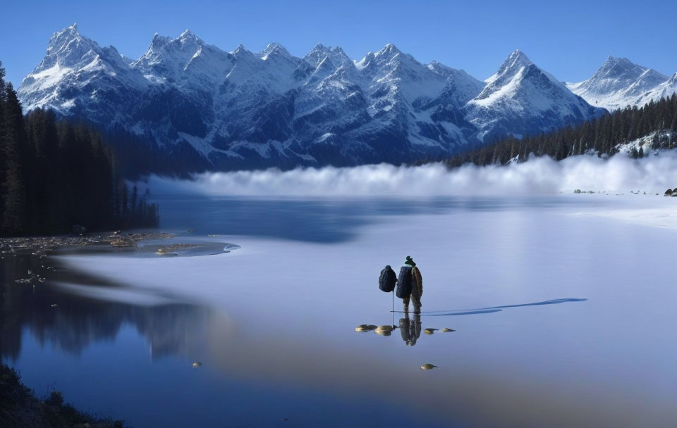 Figure standing on icy lake with mist, snow mountains, blue sky